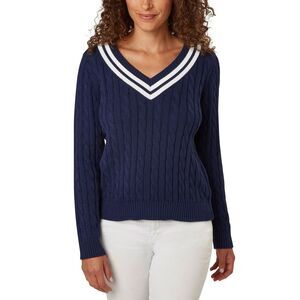 NWT Lands End V-Neck Cable Knit Varsity Sweater Navy/White- Size XL